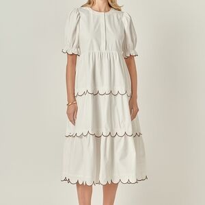 English Factory White Scalloped Tiered Mini Dress Small Black Contrast Trim Puff